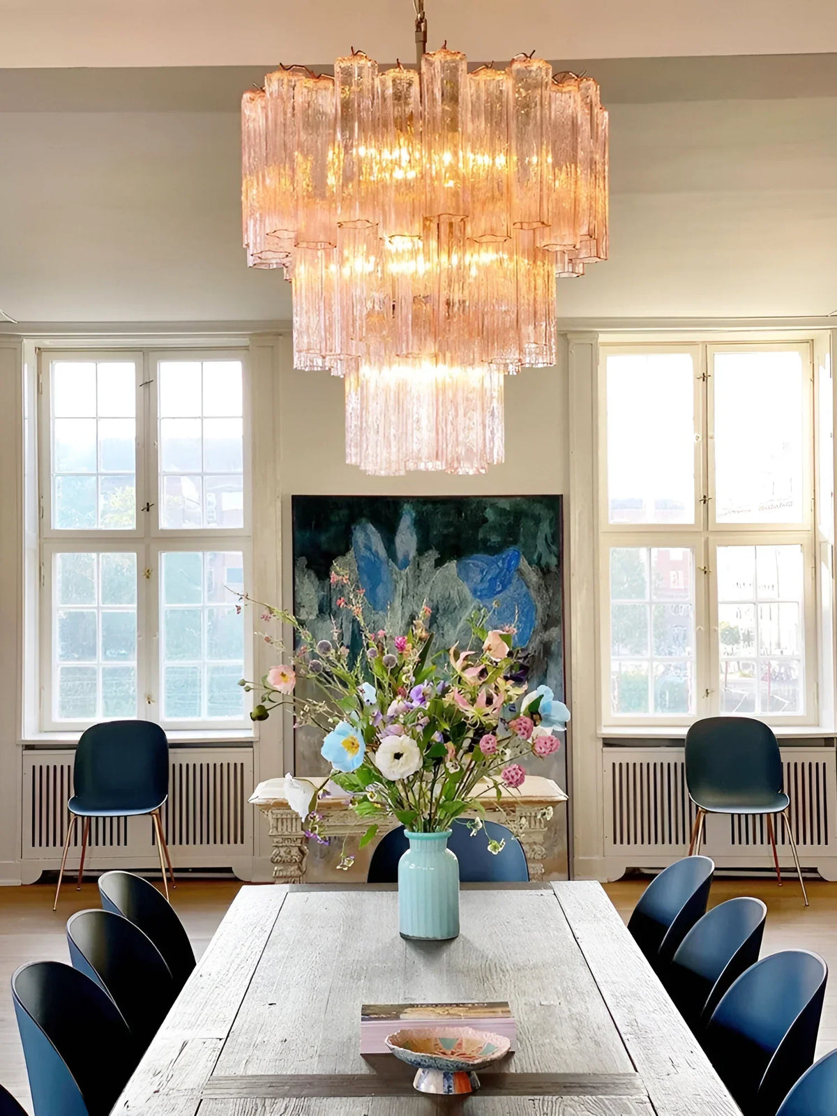 Elegant Pink Murano Glass Tube Chandelier - view 8