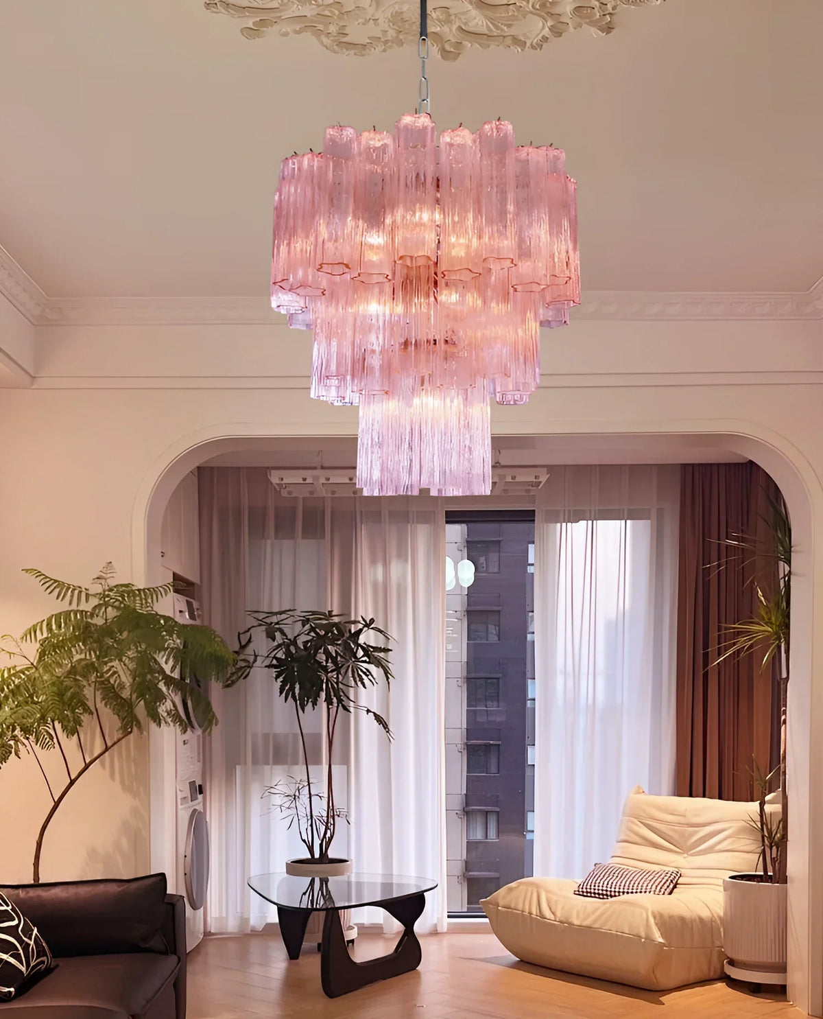 Elegant Pink Murano Glass Tube Chandelier - view 4