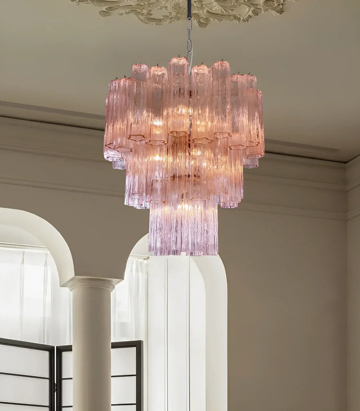 Elegant Pink Murano Glass Tube Chandelier - view 9