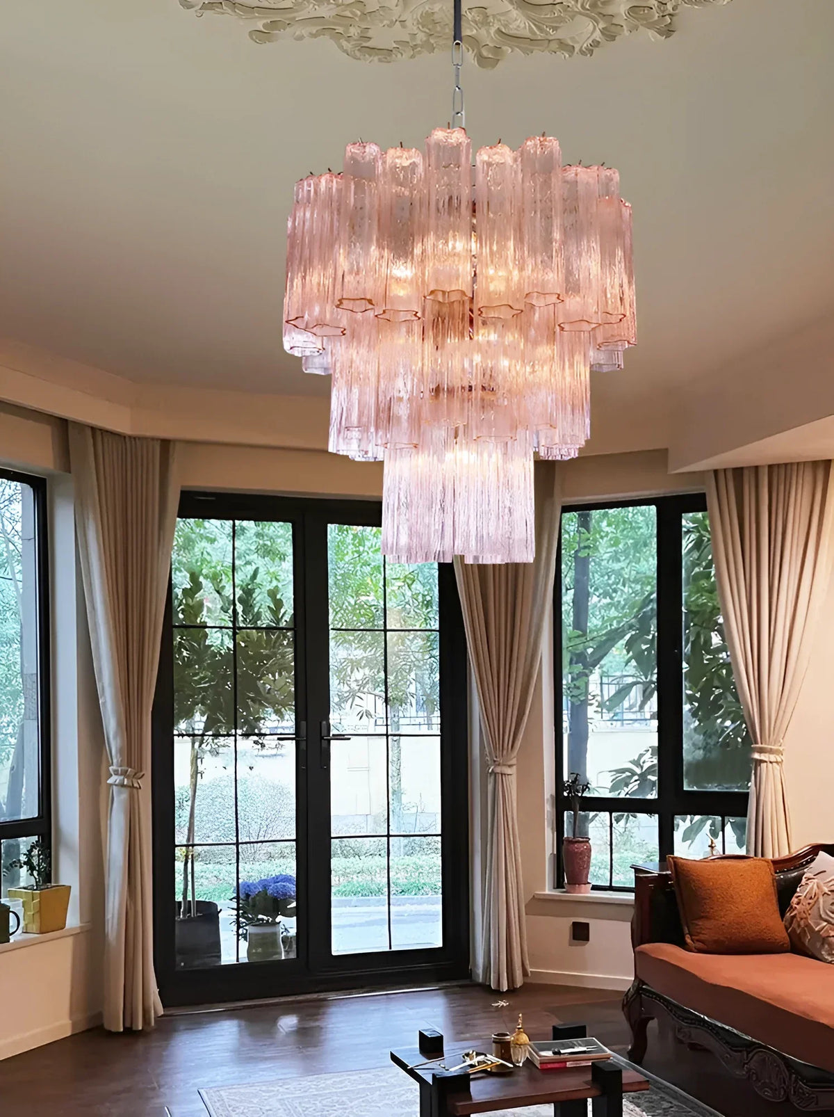 Elegant Pink Murano Glass Tube Chandelier - view 5