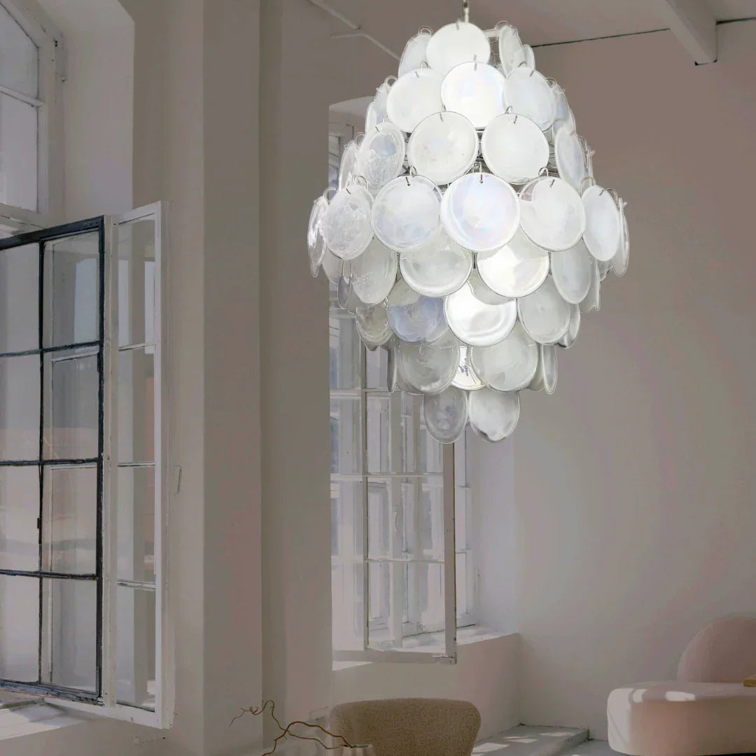 Huge Vintage Murano White Disks Chandelier - view 9