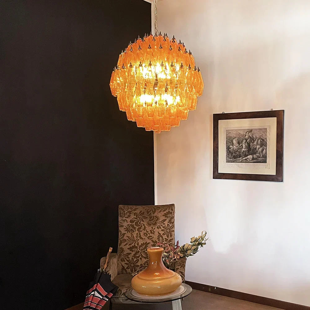 Spherical Murano Poliedri Amber Glass Chandelier - view 2