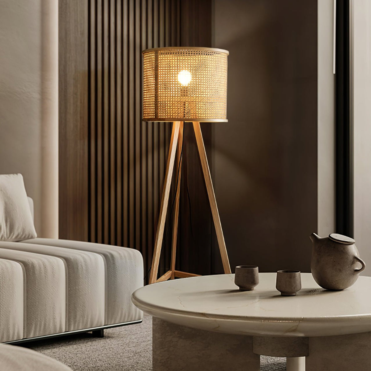 Tripod Wooden Rattan Floor Lamp - view 2