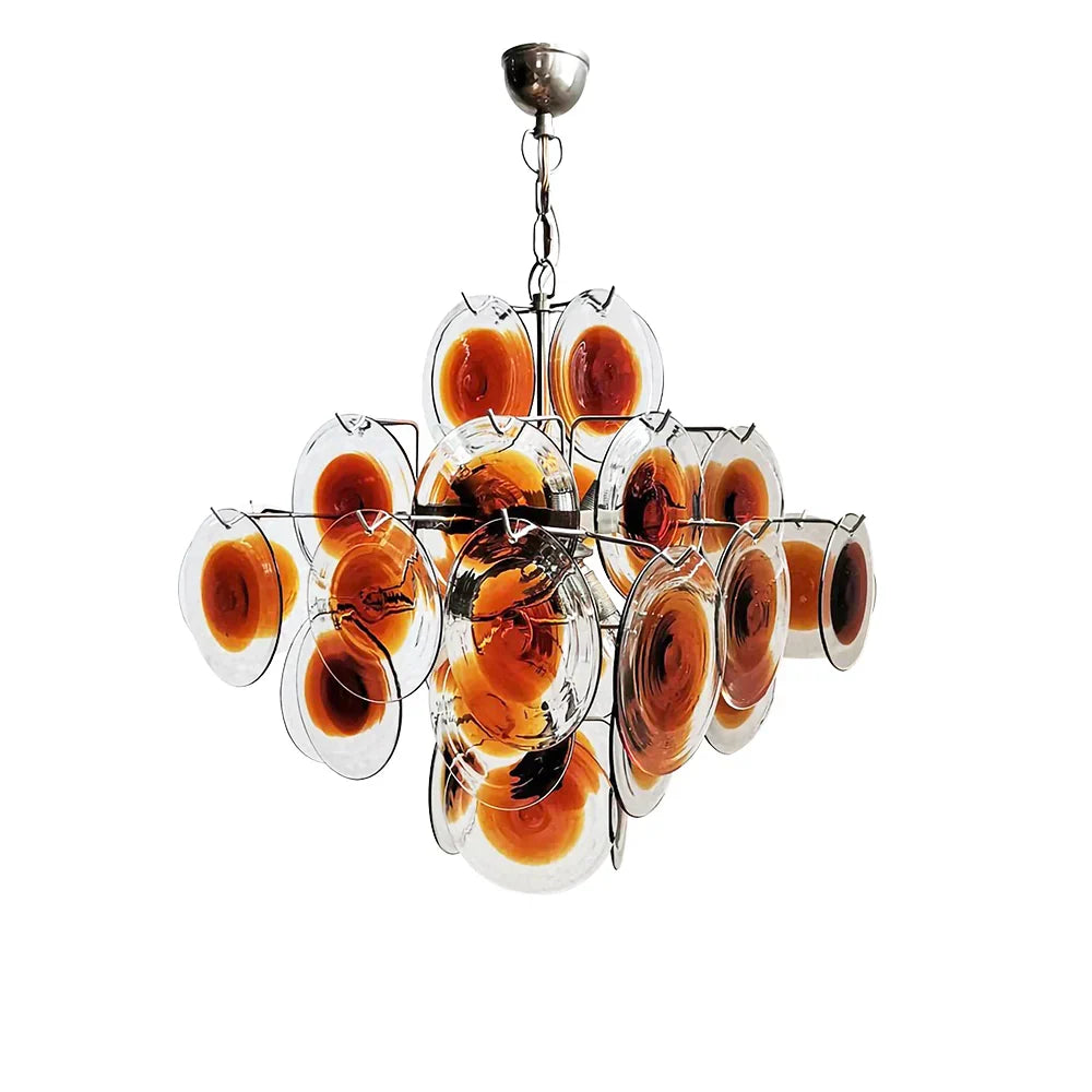 Vintage Murano Orange Brown Transparent Disc Chandelier