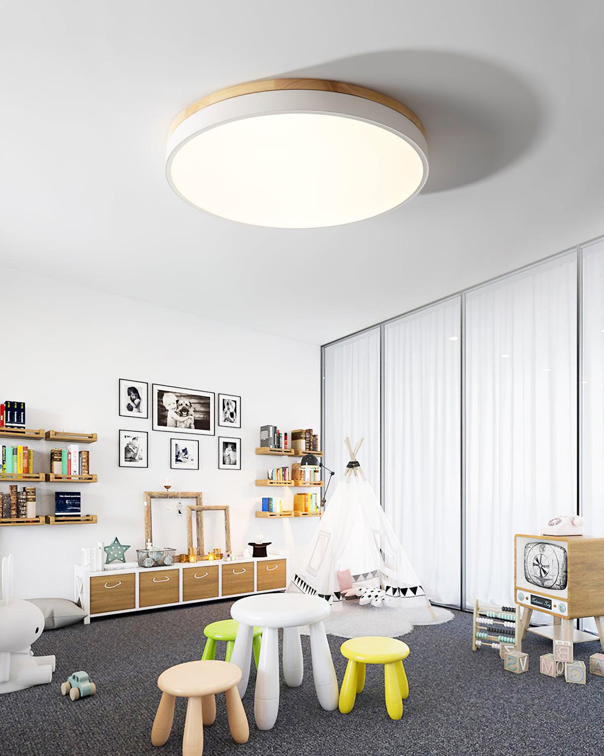 White Round Wooden Ceiling Lamp - view 24