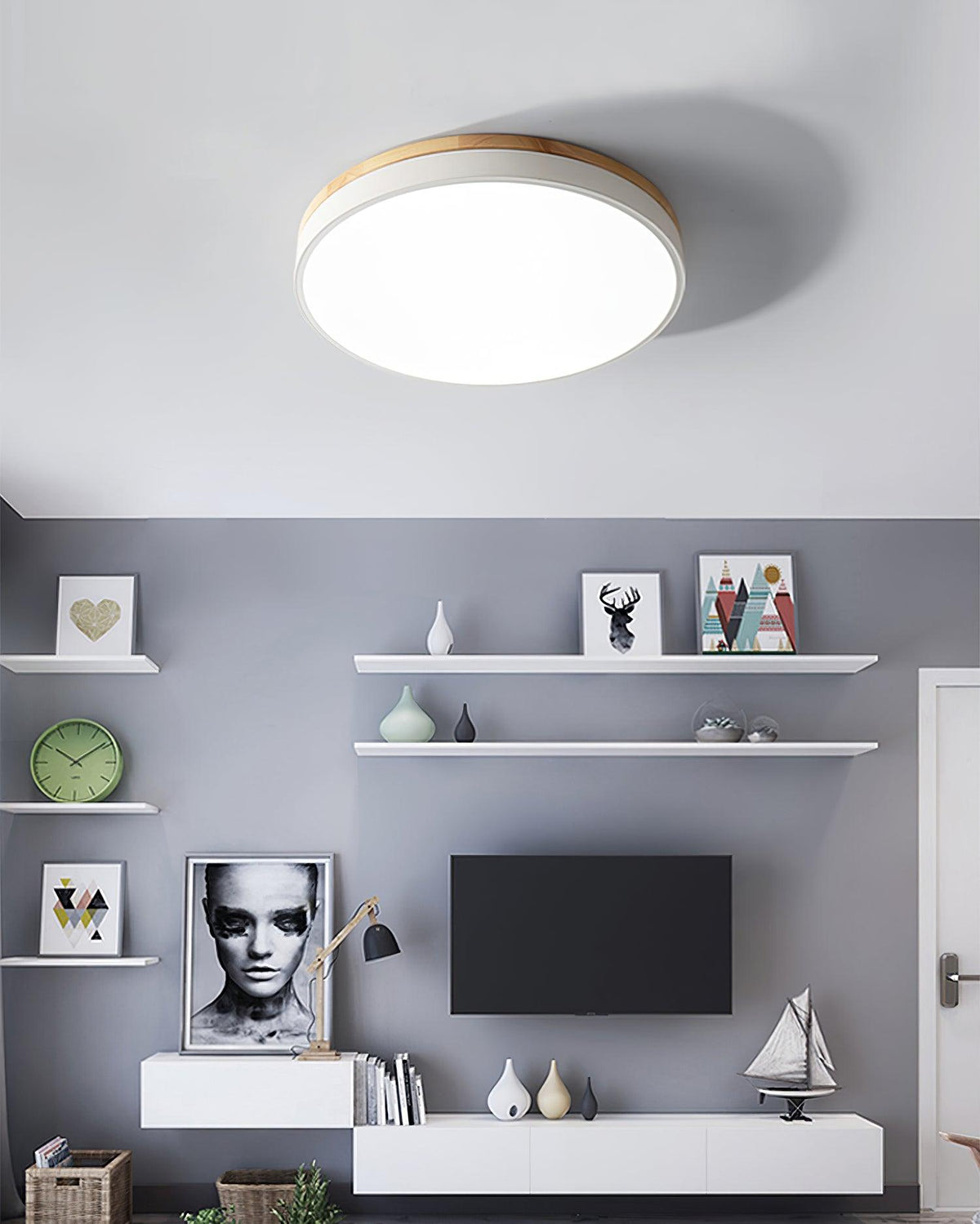 White Round Wooden Ceiling Lamp - view 28